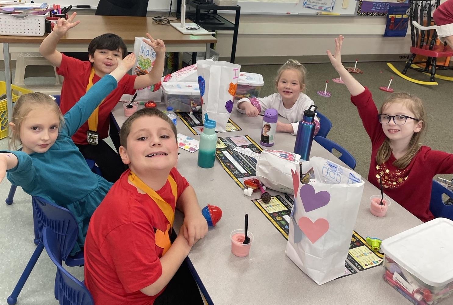 Mrs. Caruso’s 1st-grade class at Harrison Park enjoyed their Valentine’s party:  (Clockwise from front) Landon Flebotte, Izzy D’Andries, Maison Cooley, Gemma Page, and Claudia Sperber