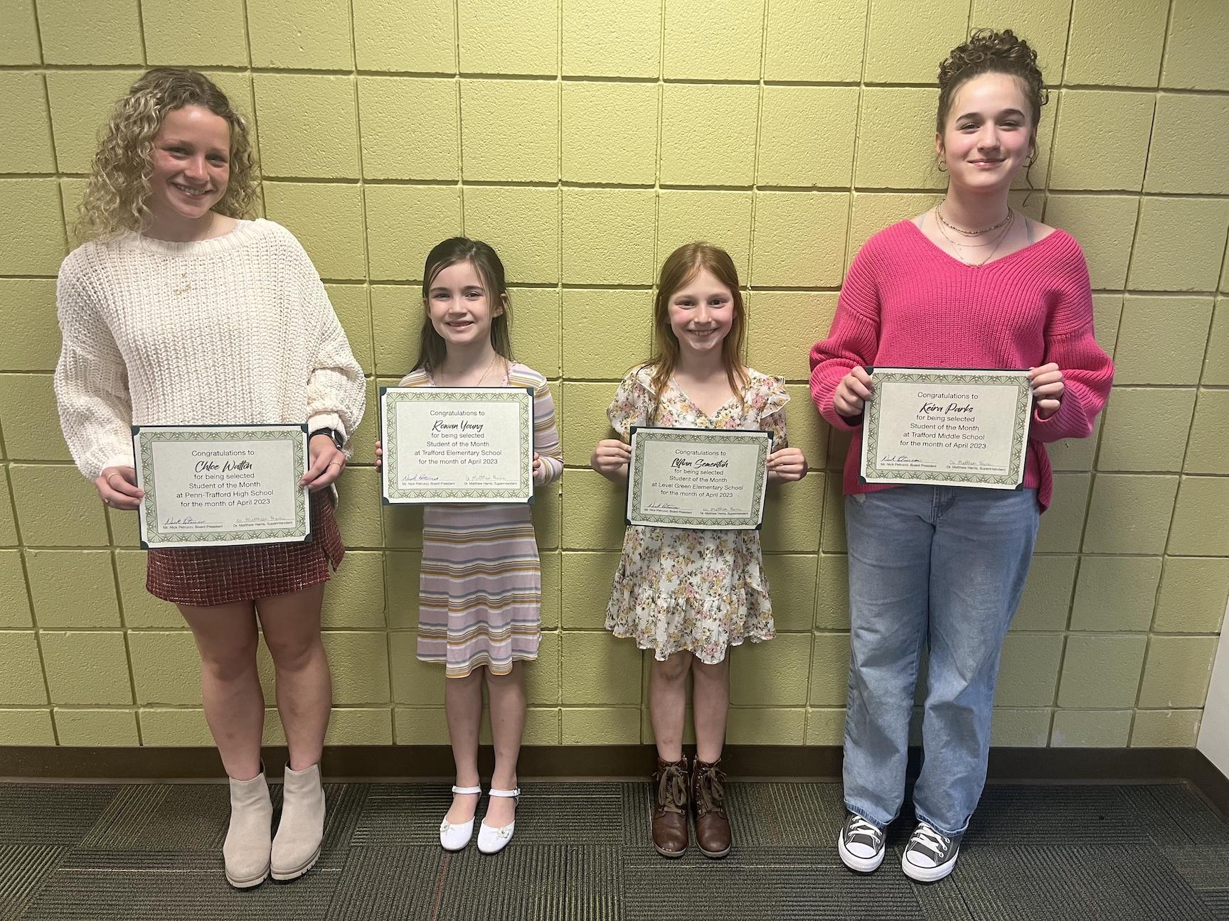 Students of the month Chloe Walton, Rowan Young, Lillian Sementuh, and Keira Parks