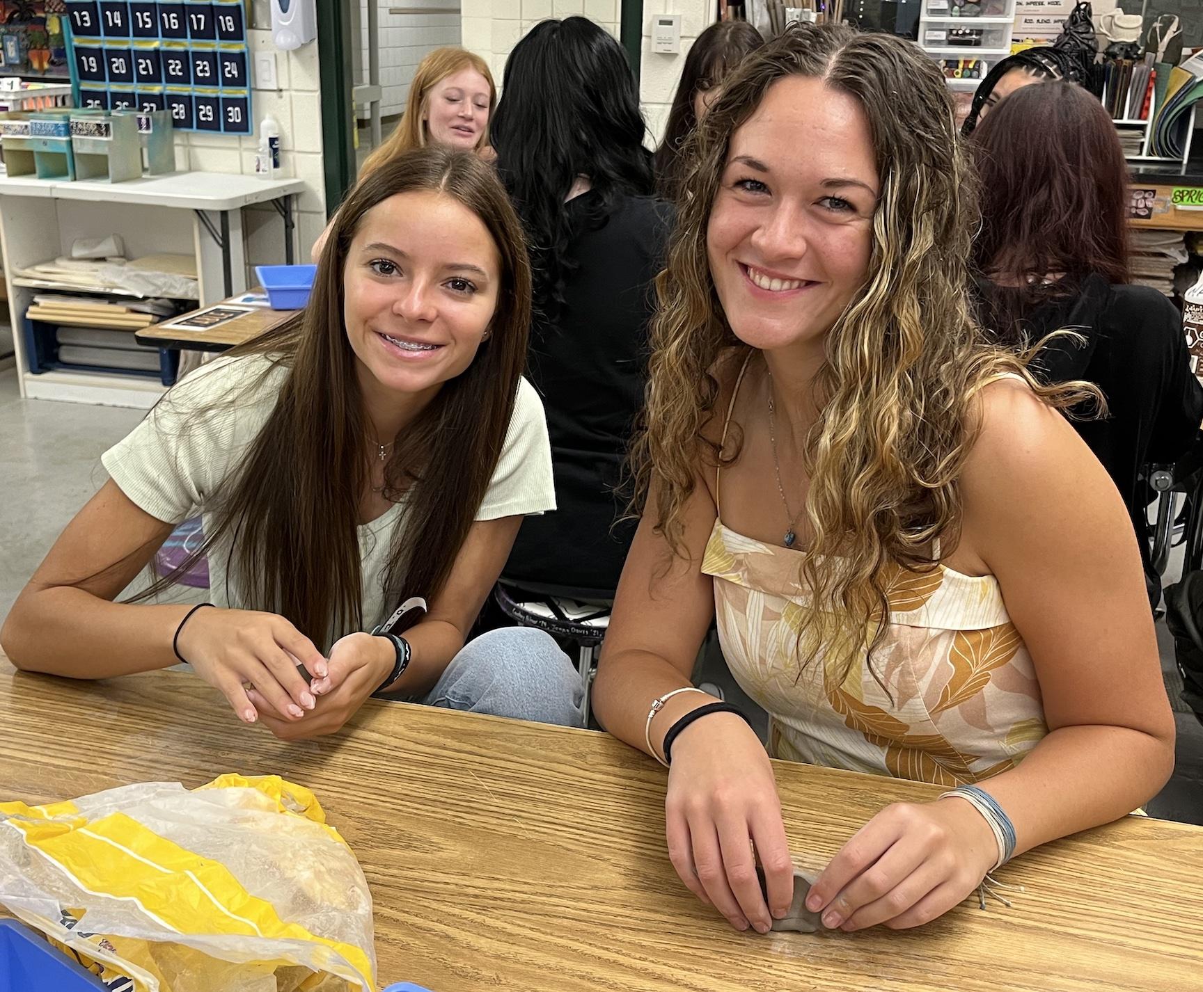 High School students Vienna Kearns and Georgia Kendall enjoyed their first day of Mrs. Christeleit's ceramics class