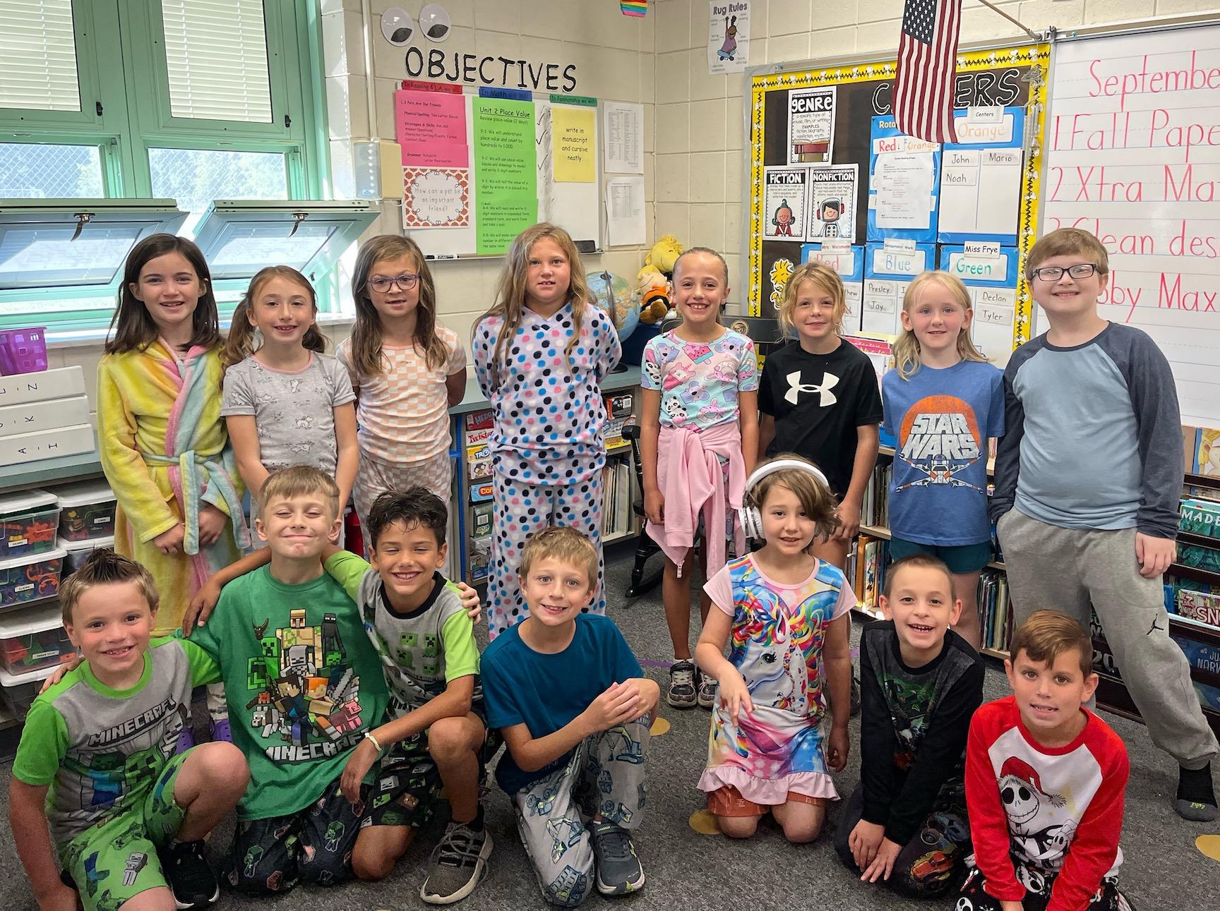 Mrs. Weismann’s 2nd-grade class at Trafford Elementary celebrates Pajama Thursday