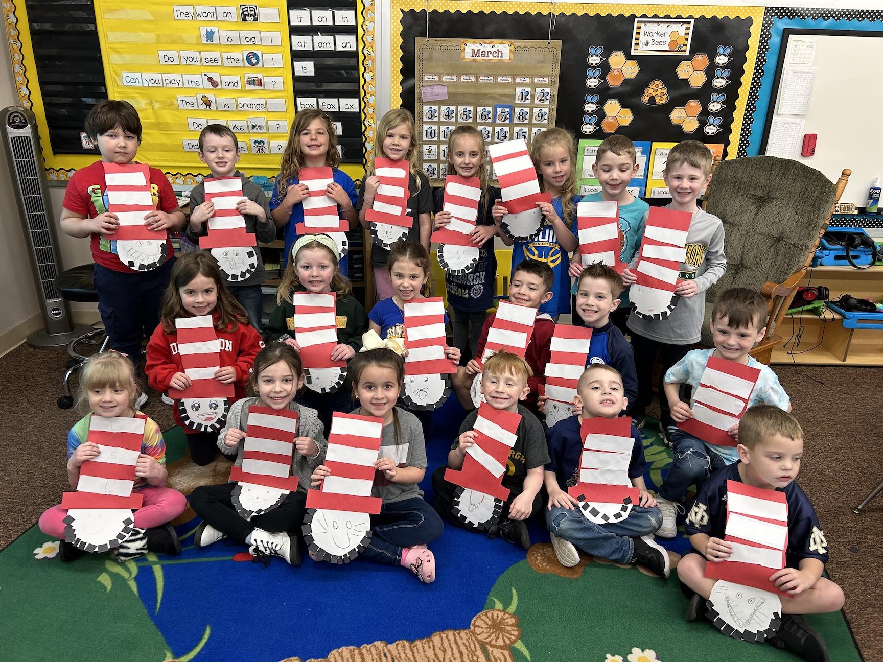 Mrs. Vovaris’ kindergarteners at Level Green Elementary completed a Cat in the Hat art project with Student Learning Assistant Miss Marissa Auel